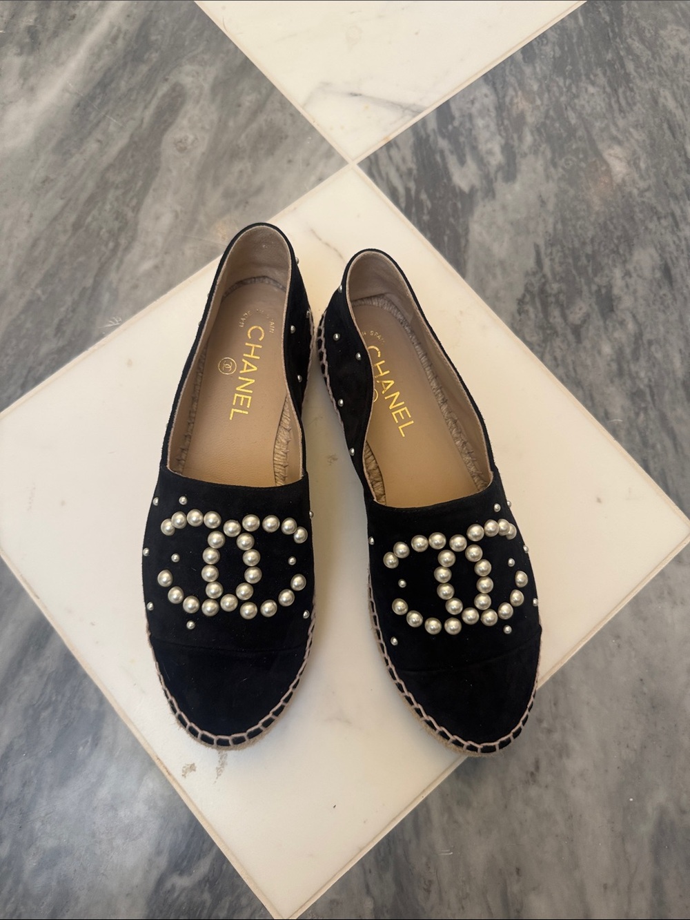 CHANEL Black Pearl-Embellished Espadrille Flats
